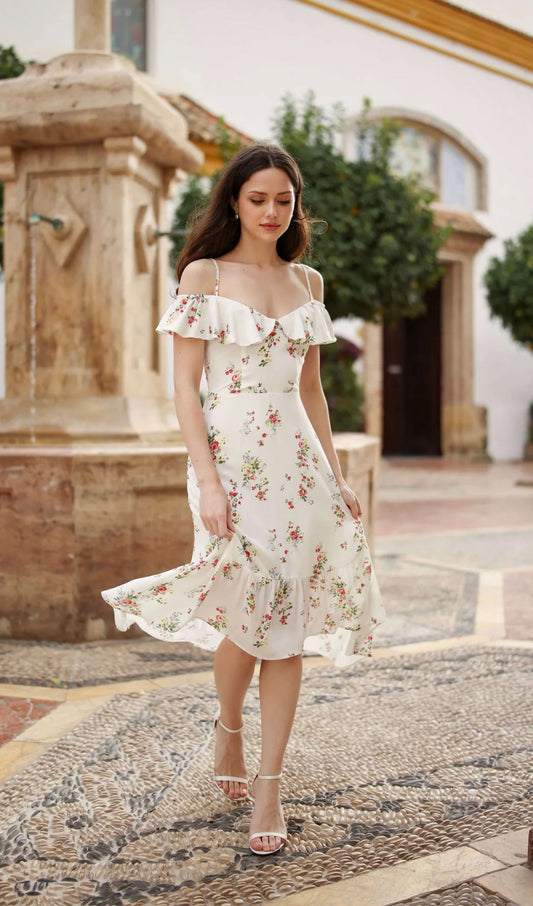 Floral Ruffle Off Shoulder Midi Dress