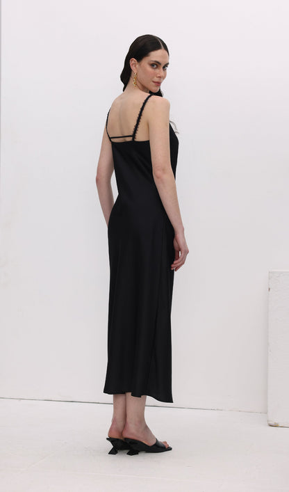 Solid Sequined Slip Midi Dress Black