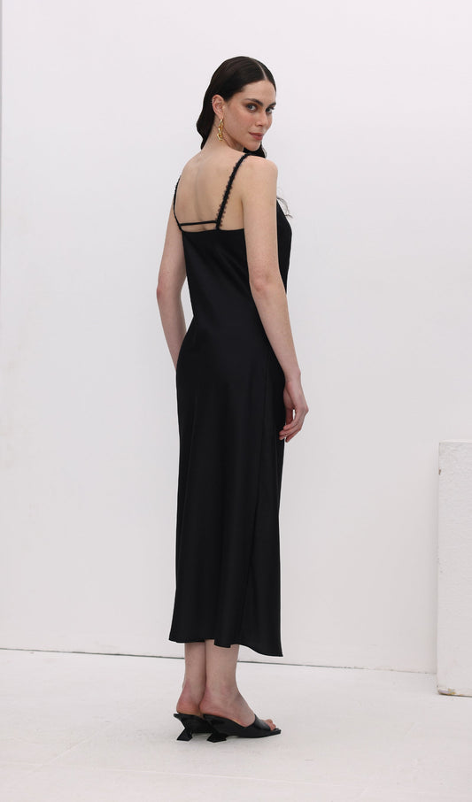 Solid Sequined Slip Midi Dress Black