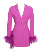 Deep V-Neck Velvet-Lapel Long-Sleeve Ostrich-Feather Blazer Dress
