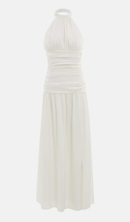 Satin Halter Draped Bodice Maxi Dress