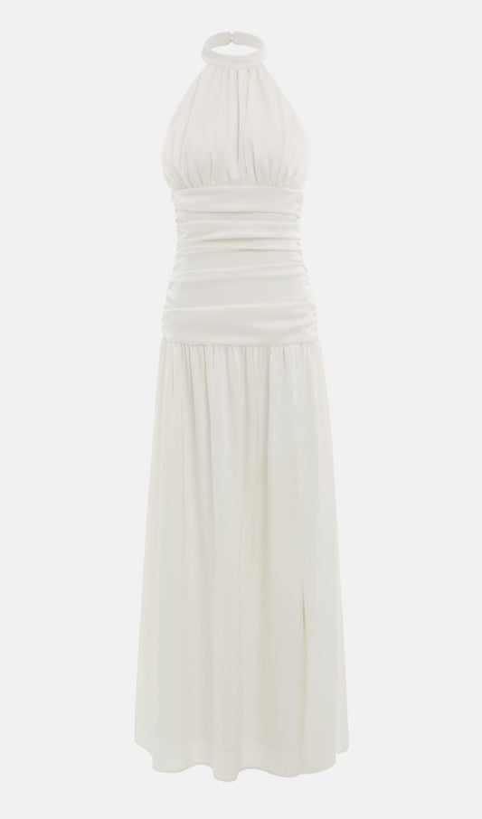 Satin Halter Draped Bodice Maxi Dress