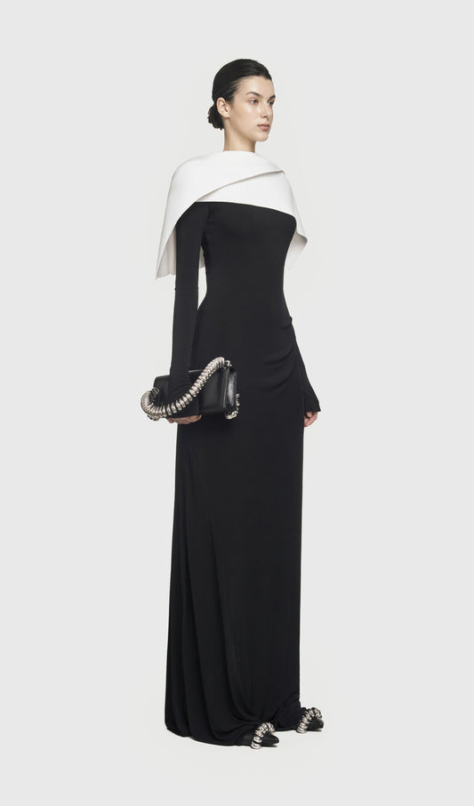 Asymmetrical Draped Shoulder Pleat Maxi Dress