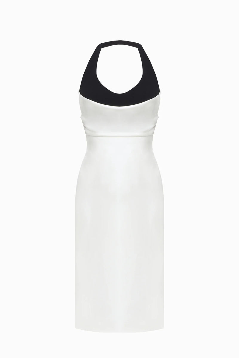 Halter Black-and-White Paneled Satin Midi Dress