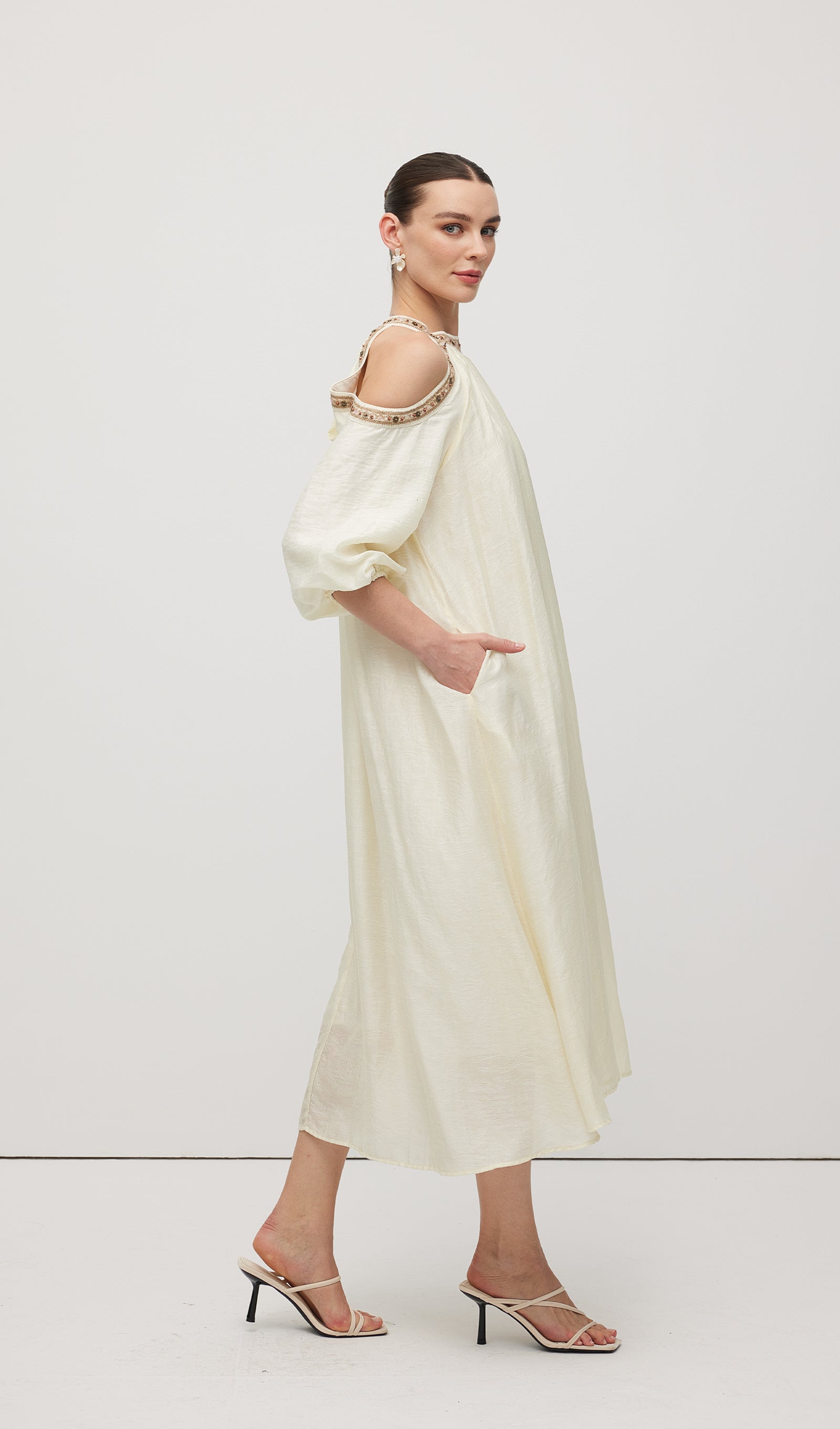 Embroidered Off Shoulder Midi Dress