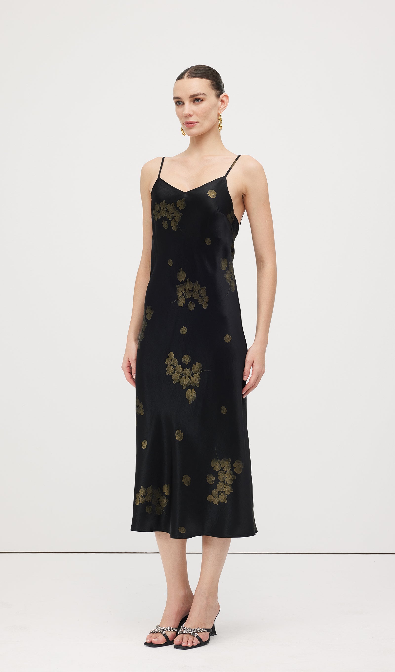 Floral Satin V-Neck Midi Slip Dress