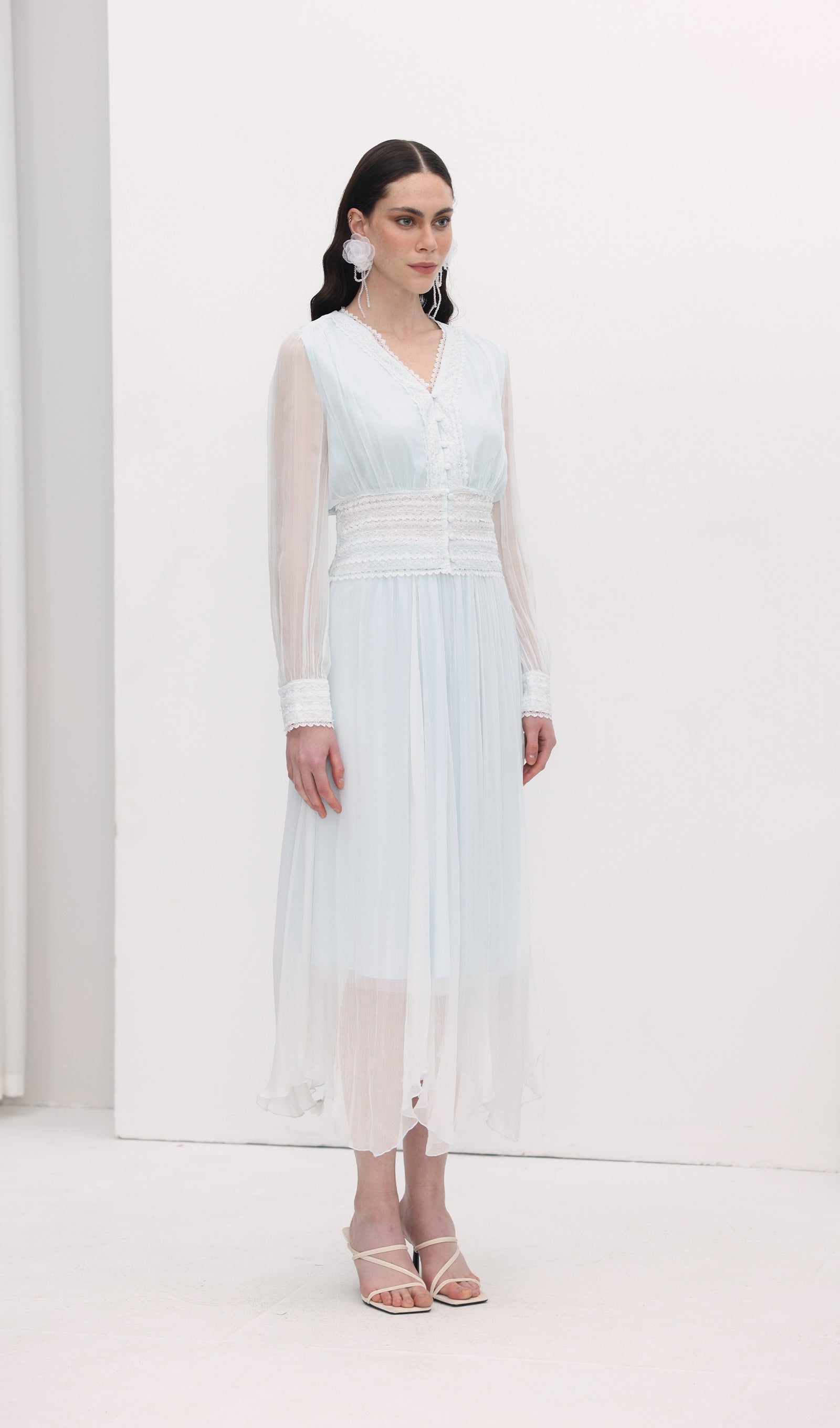V Neck Bodice Mesh Midi Skirt Sets