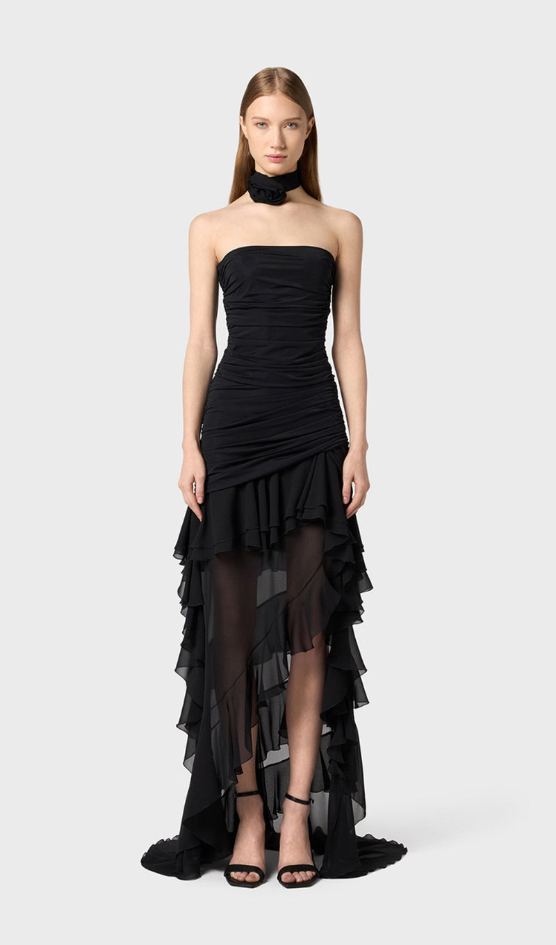 Bustier Chiffon Flounces Midi Dress