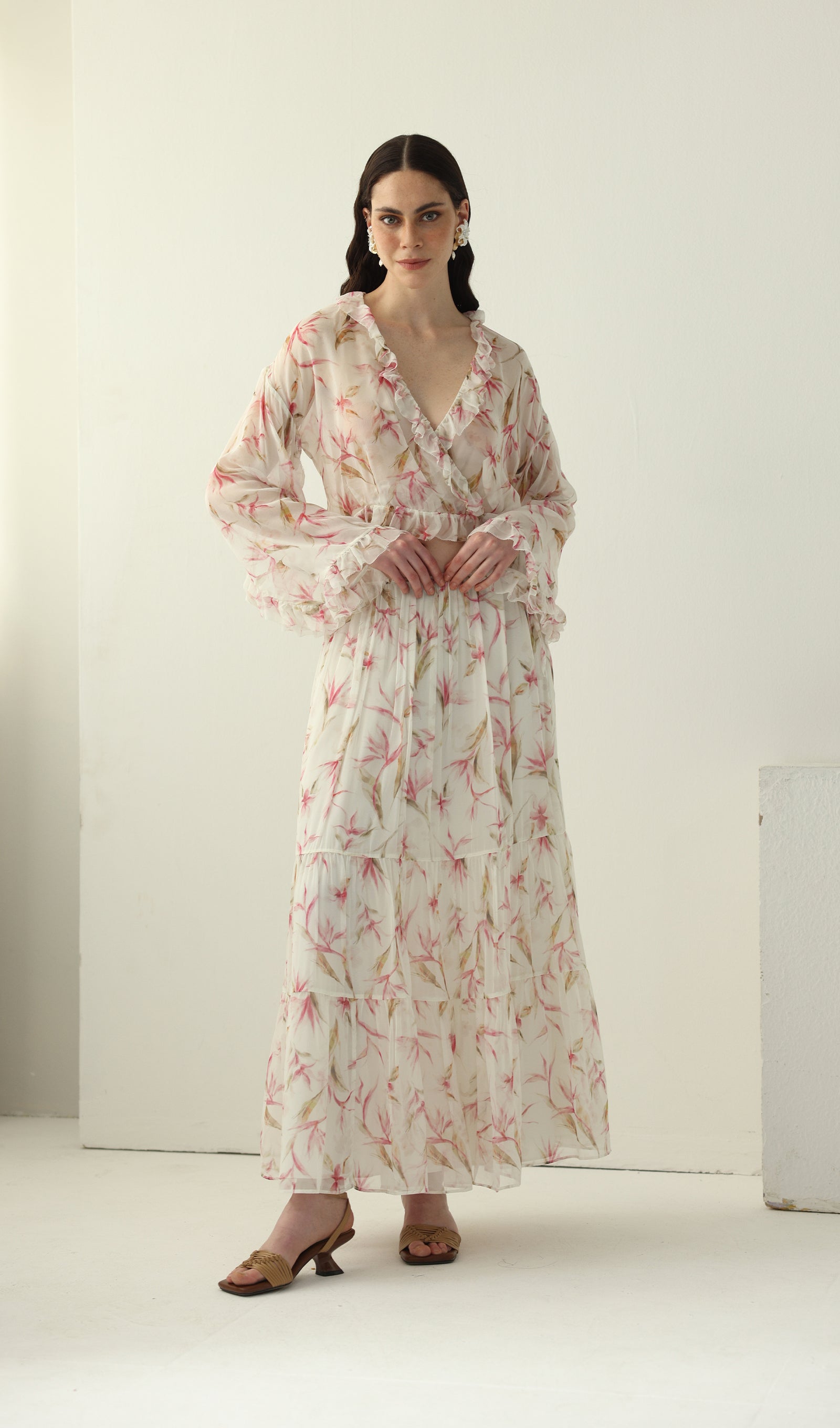 Floral Silk Ruffle Two Piece Sets