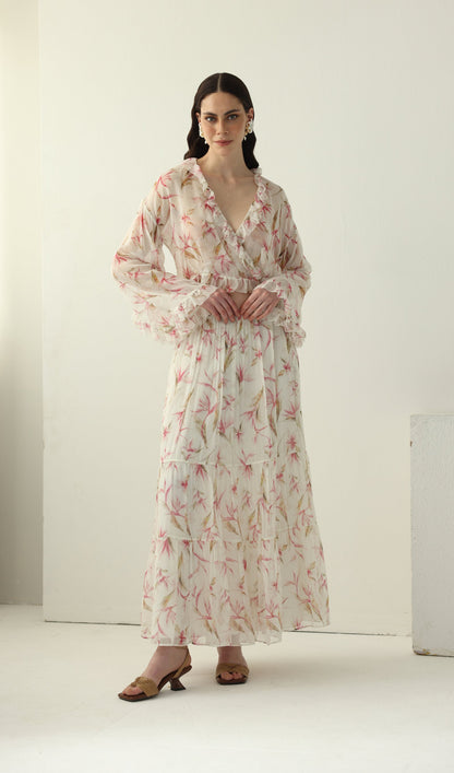 Floral Silk Ruffle Two Piece Sets
