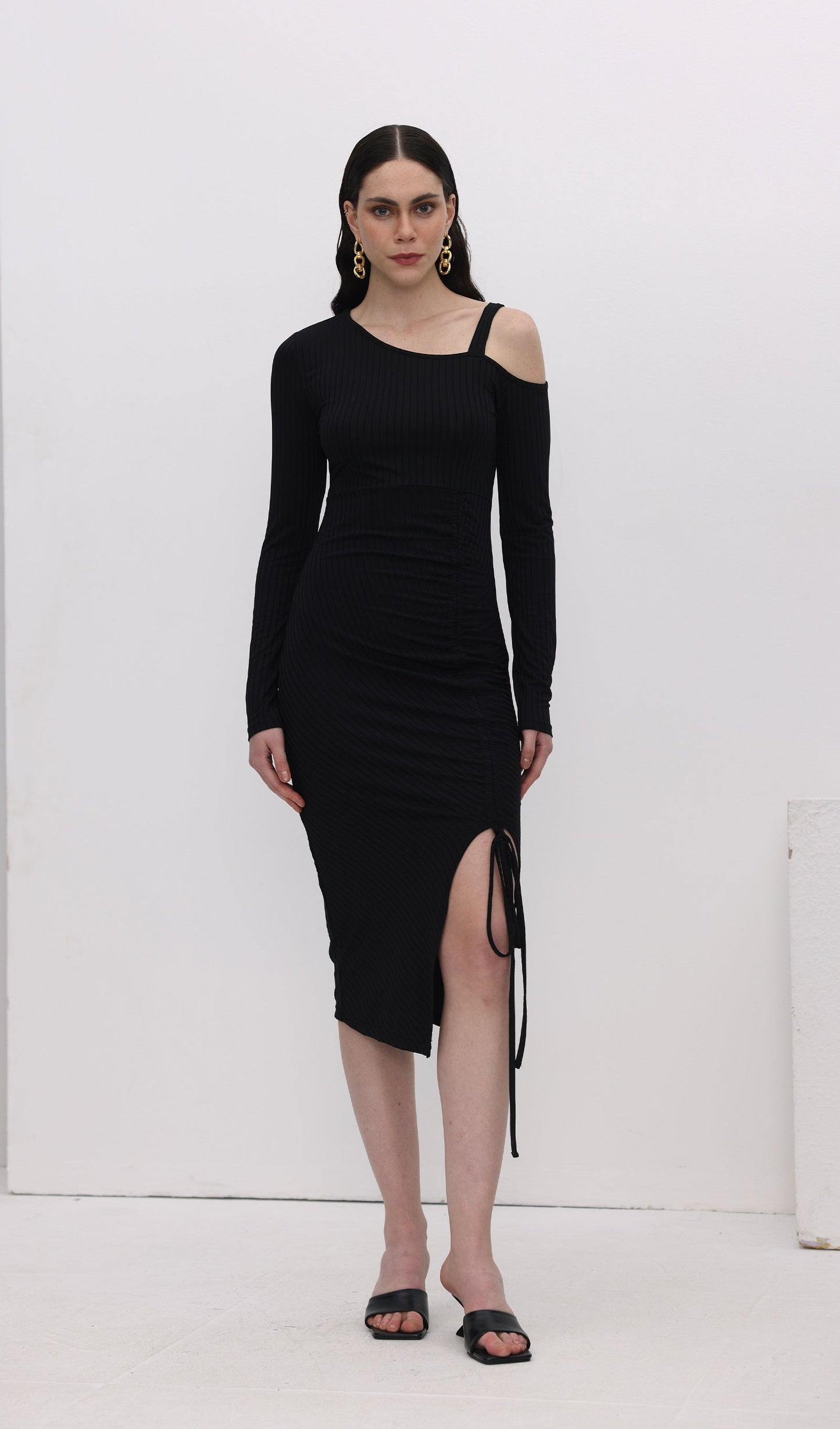 Solid Pleats Split Midi Dress