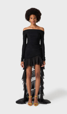 Jersey With Chiffon Train Mini Dress