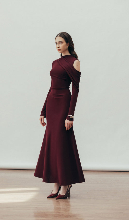 Solid Fitted Draped Maxi Dress