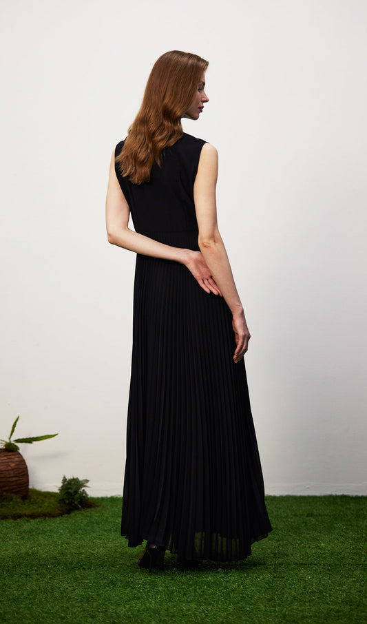 Stretch Knit Pleated Satin Midi Dress