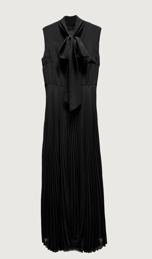 Stretch Knit Pleated Satin Midi Dress
