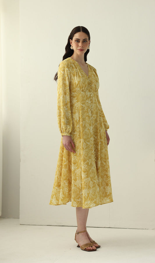 Yellow Floral Printed V Neck Midi Dress
