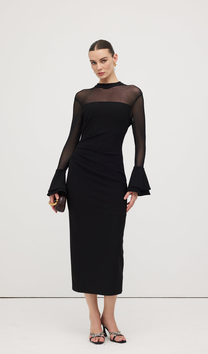 Mesh Stitching Long Sleeve Midi Dress