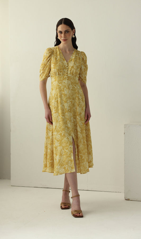 Yellow Printed Short Sleeve Midi Dress