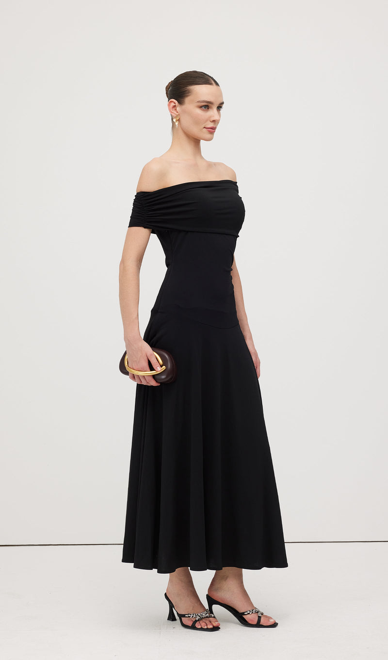 Off Shoulder Draped Midi Dress