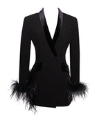 Deep V-Neck Velvet-Lapel Long-Sleeve Ostrich-Feather Blazer Dress