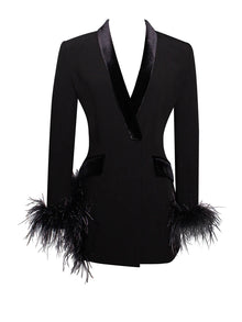 Deep V-Neck Velvet-Lapel Long-Sleeve Ostrich-Feather Blazer Dress