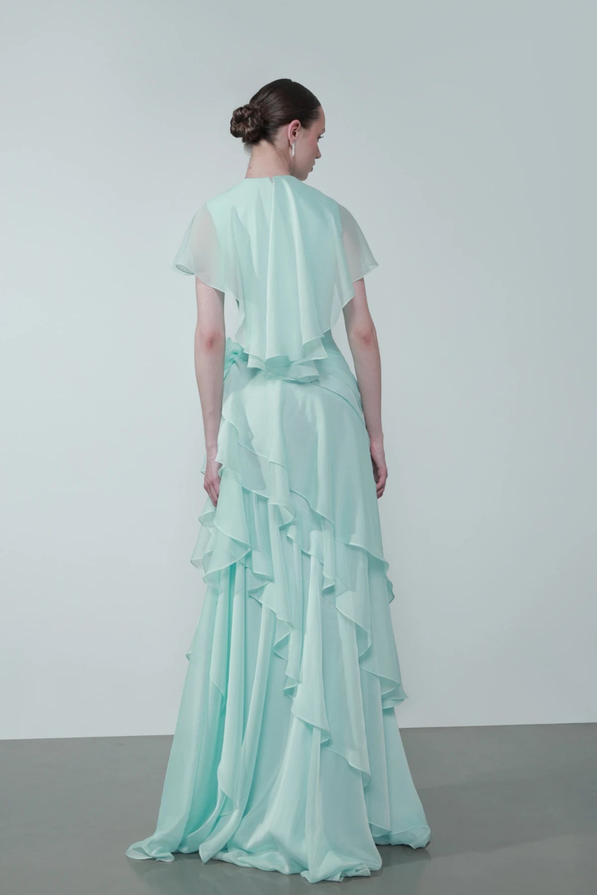 Cap-Shoulder Crew-Neck Floral-Appliqué Waist Tiered Maxi Dress