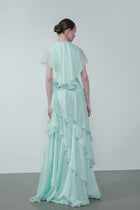Cap-Shoulder Crew-Neck Floral-Appliqué Waist Tiered Maxi Dress