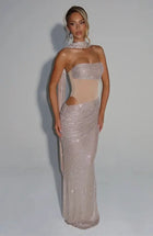 Scarf-Style Bandeau Mesh Rhinestone Waist Cut-Out Dress