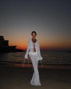 V-Neck Ruffle-Trim Tie-Front Long-Sleeve Cardigan Top with Waist-Tie Chiffon Skirt Two-Piece Set