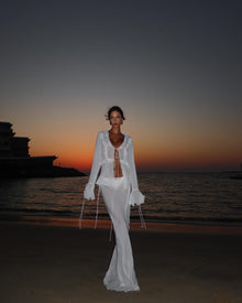 V-Neck Ruffle-Trim Tie-Front Long-Sleeve Cardigan Top with Waist-Tie Chiffon Skirt Two-Piece Set