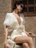 Mesh V-Neck Lantern-Sleeve Ruched Bubble Dress with 3D Floral Appliqué