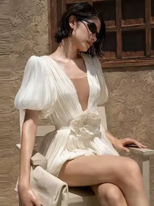 Mesh V-Neck Lantern-Sleeve Ruched Bubble Dress with 3D Floral Appliqué