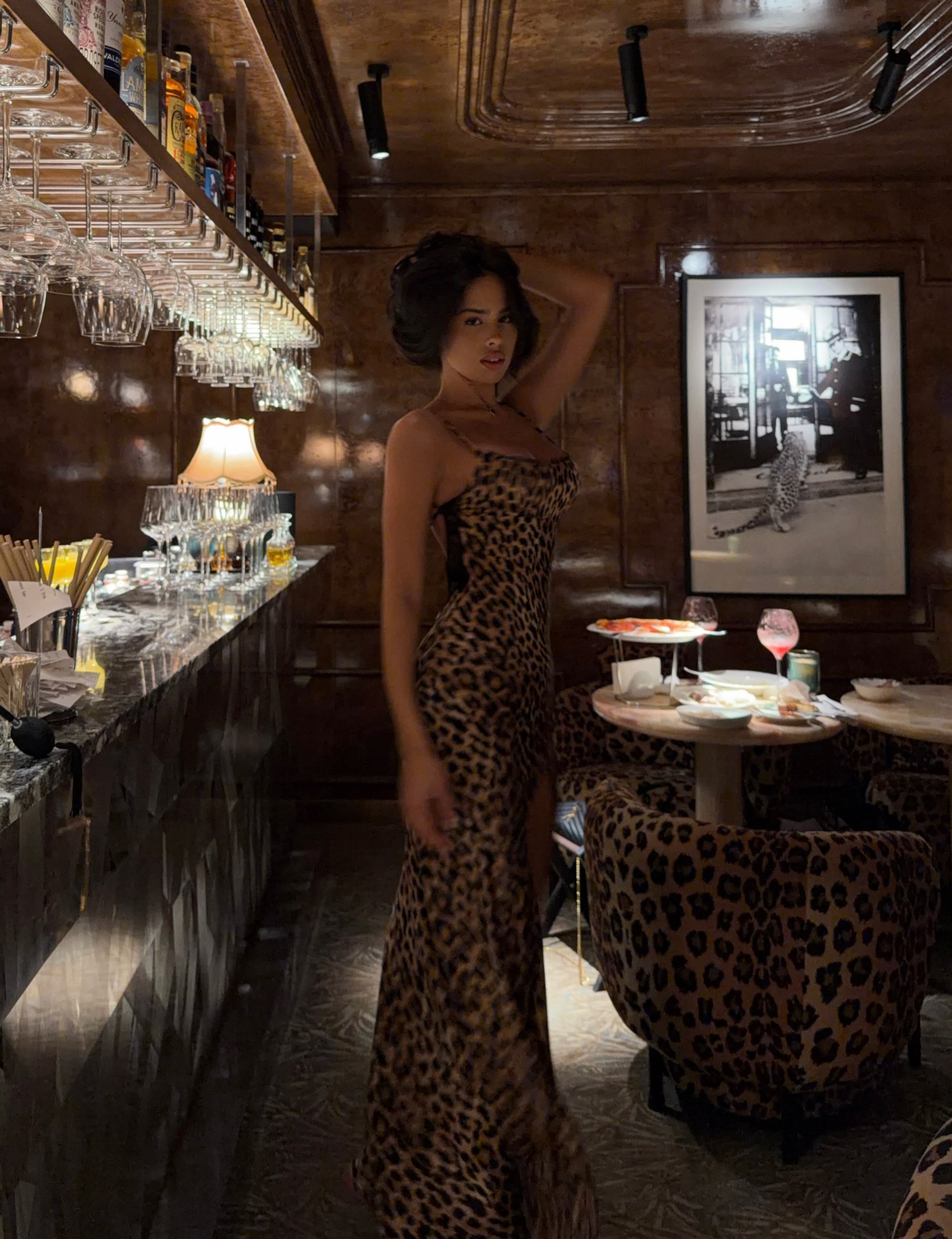 Spaghetti Strap Lace-Back Satin Leopard High-Slit Dress