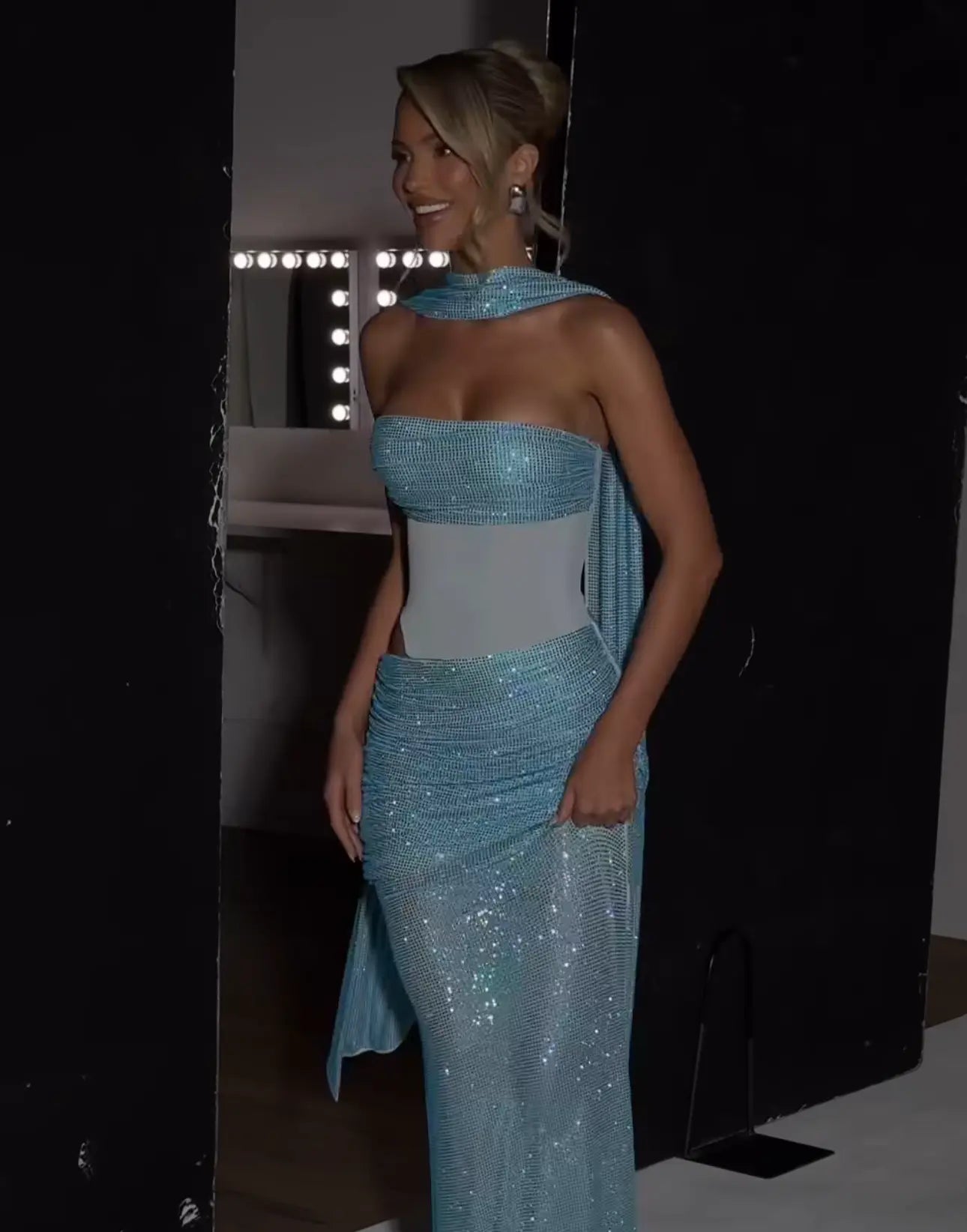 Scarf-Style Bandeau Mesh Rhinestone Waist Cut-Out Dress