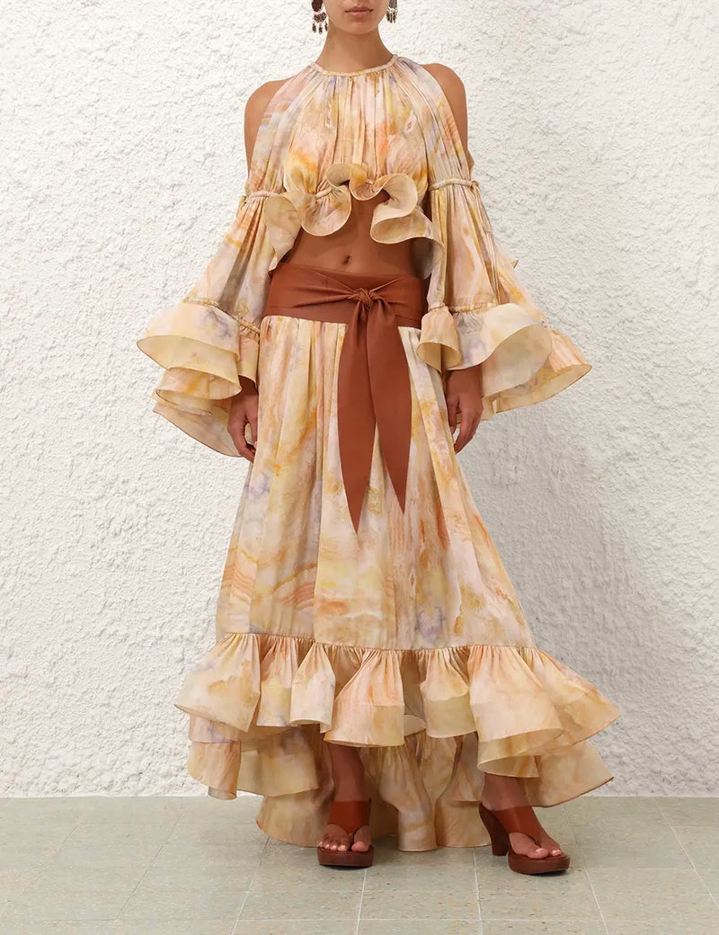 Shoulder cutout flounce sleeve top and ruffled hem skirt