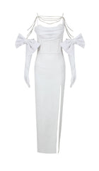 Rhinestone-Strap Bandeau-Style Slit Back-Bow Satin Dress