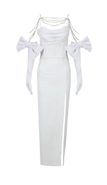 Rhinestone-Strap Bandeau-Style Slit Back-Bow Satin Dress