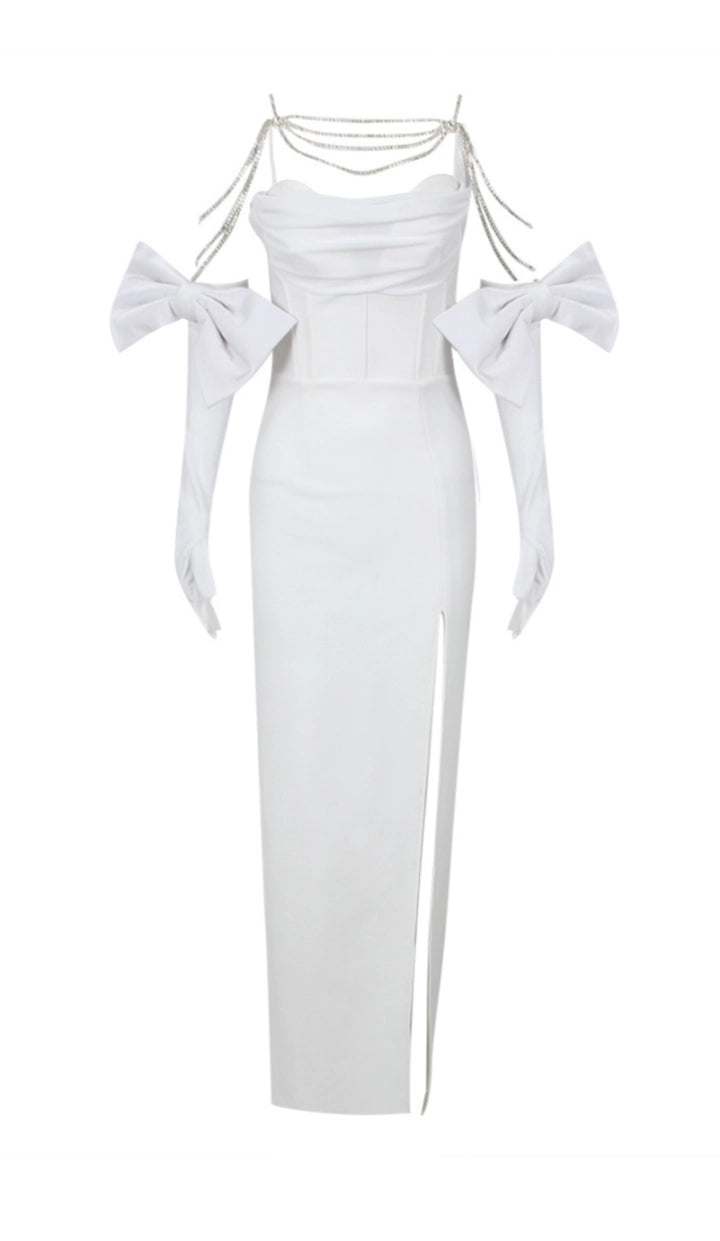 Rhinestone-Strap Bandeau-Style Slit Back-Bow Satin Dress
