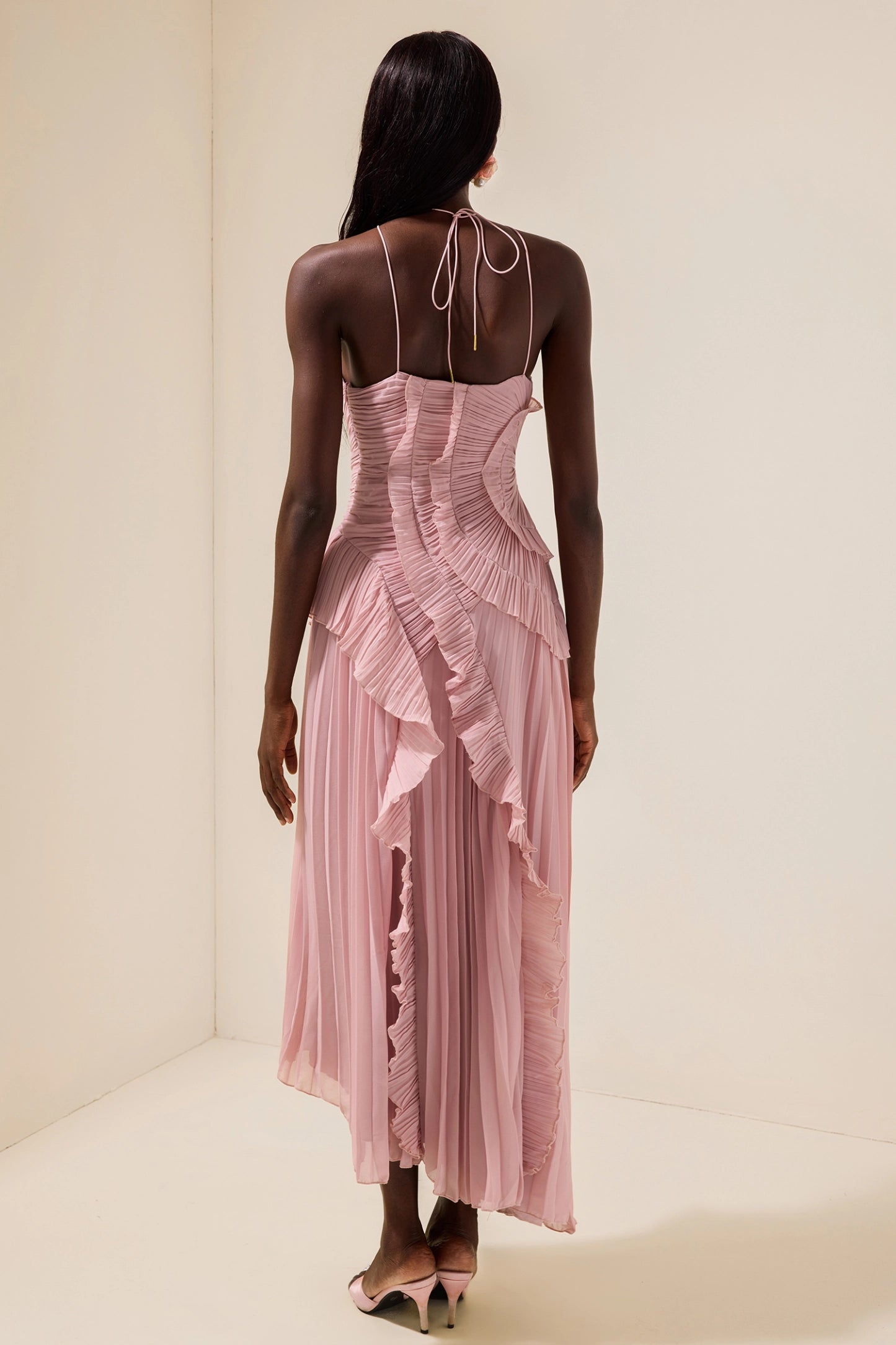 Double Tie Design Halter Spaghetti Strap  Ruched Asymmetrical Hem Dress