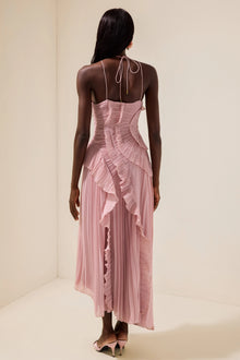 Double Tie Design Halter Spaghetti Strap  Ruched Asymmetrical Hem Dress