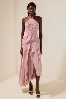 Double Tie Design Halter Spaghetti Strap  Ruched Asymmetrical Hem Dress