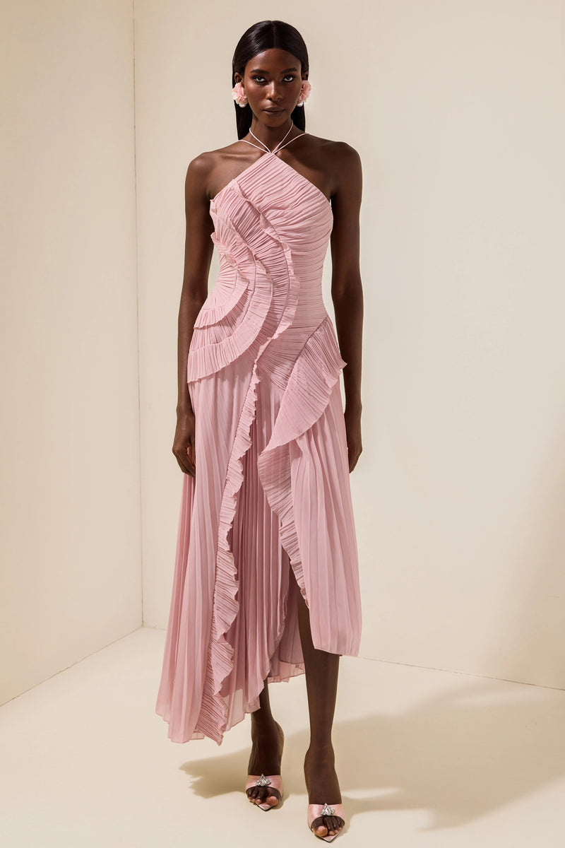 Double Tie Design Halter Spaghetti Strap  Ruched Asymmetrical Hem Dress