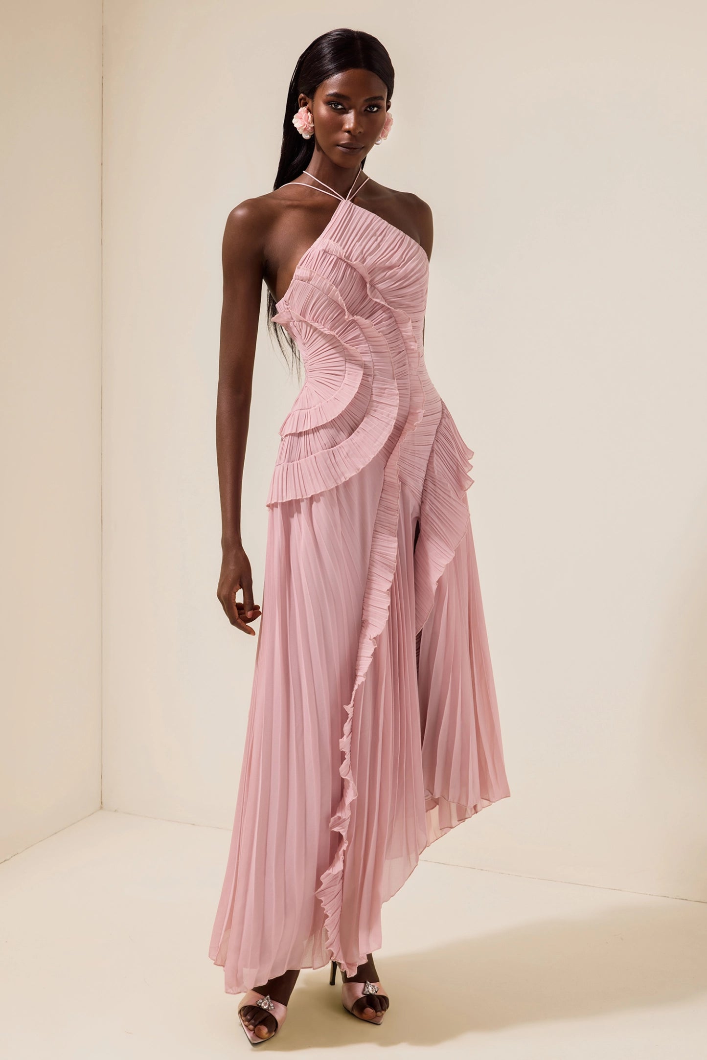 Double Tie Design Halter Spaghetti Strap  Ruched Asymmetrical Hem Dress