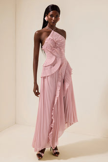 Double Tie Design Halter Spaghetti Strap  Ruched Asymmetrical Hem Dress