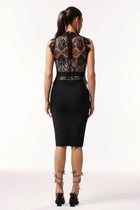 Lace Splicing Mid-High Crew-Neck Sleeveless Bodycon Dress
