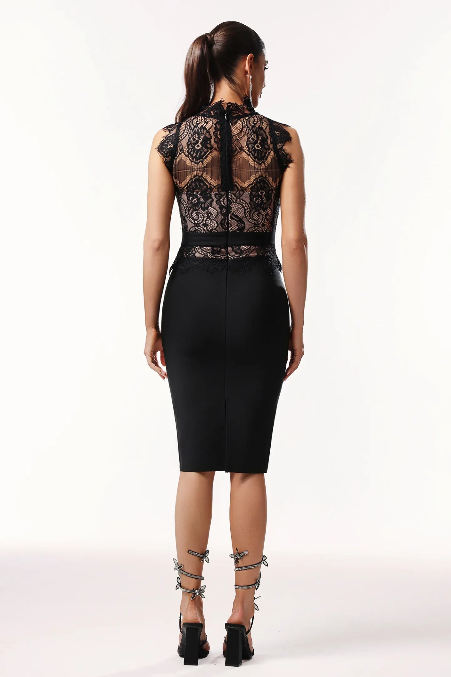 Lace Splicing Mid-High Crew-Neck Sleeveless Bodycon Dress