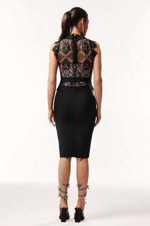 Lace Splicing Mid-High Crew-Neck Sleeveless Bodycon Dress