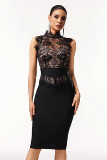 Lace Splicing Mid-High Crew-Neck Sleeveless Bodycon Dress