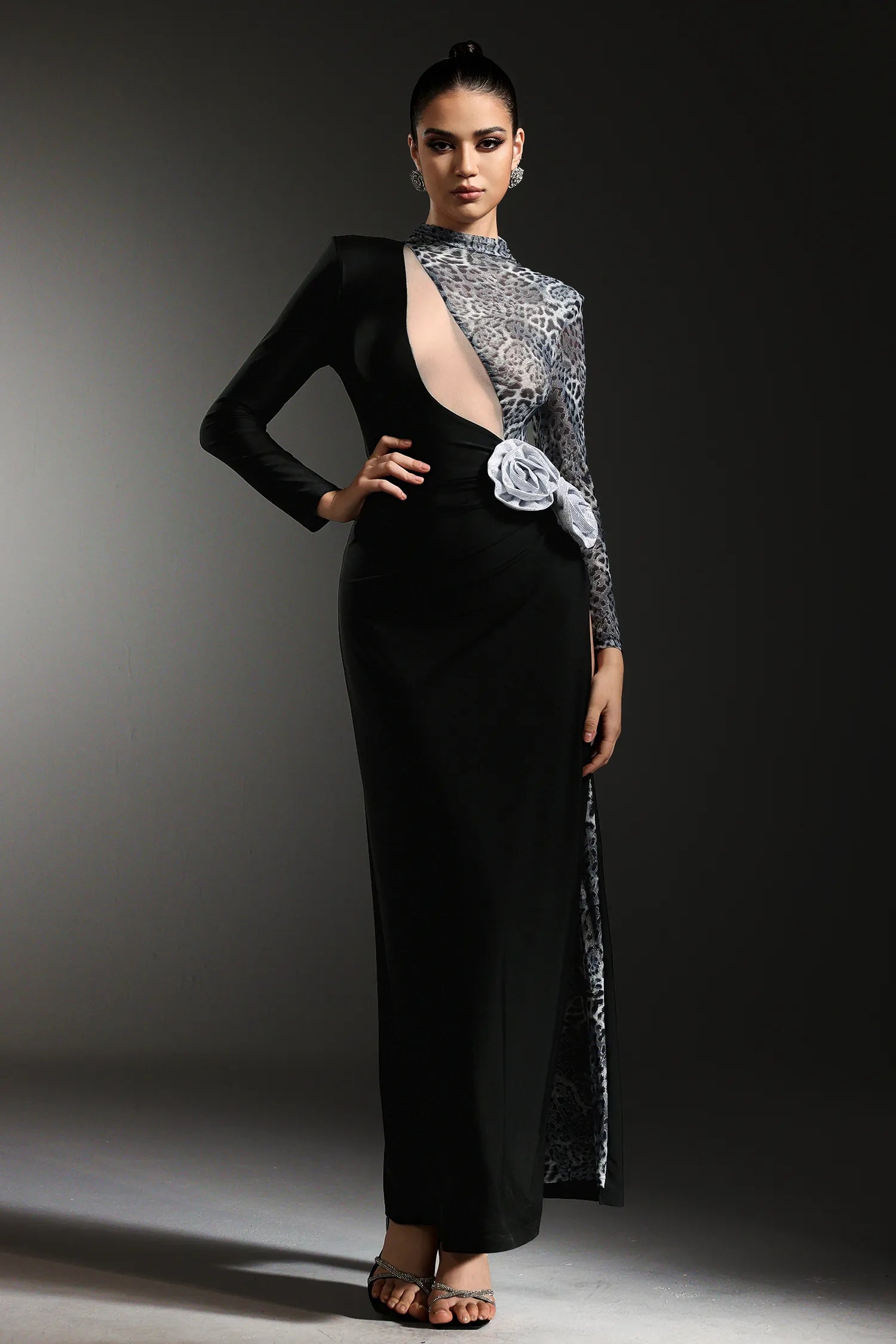 High-Neck Long-Sleeve Leopard Mesh Splicing Rhinestone Floral Appliqué Side Slit Dress