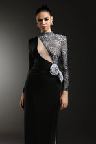 High-Neck Long-Sleeve Leopard Mesh Splicing Rhinestone Floral Appliqué Side Slit Dress